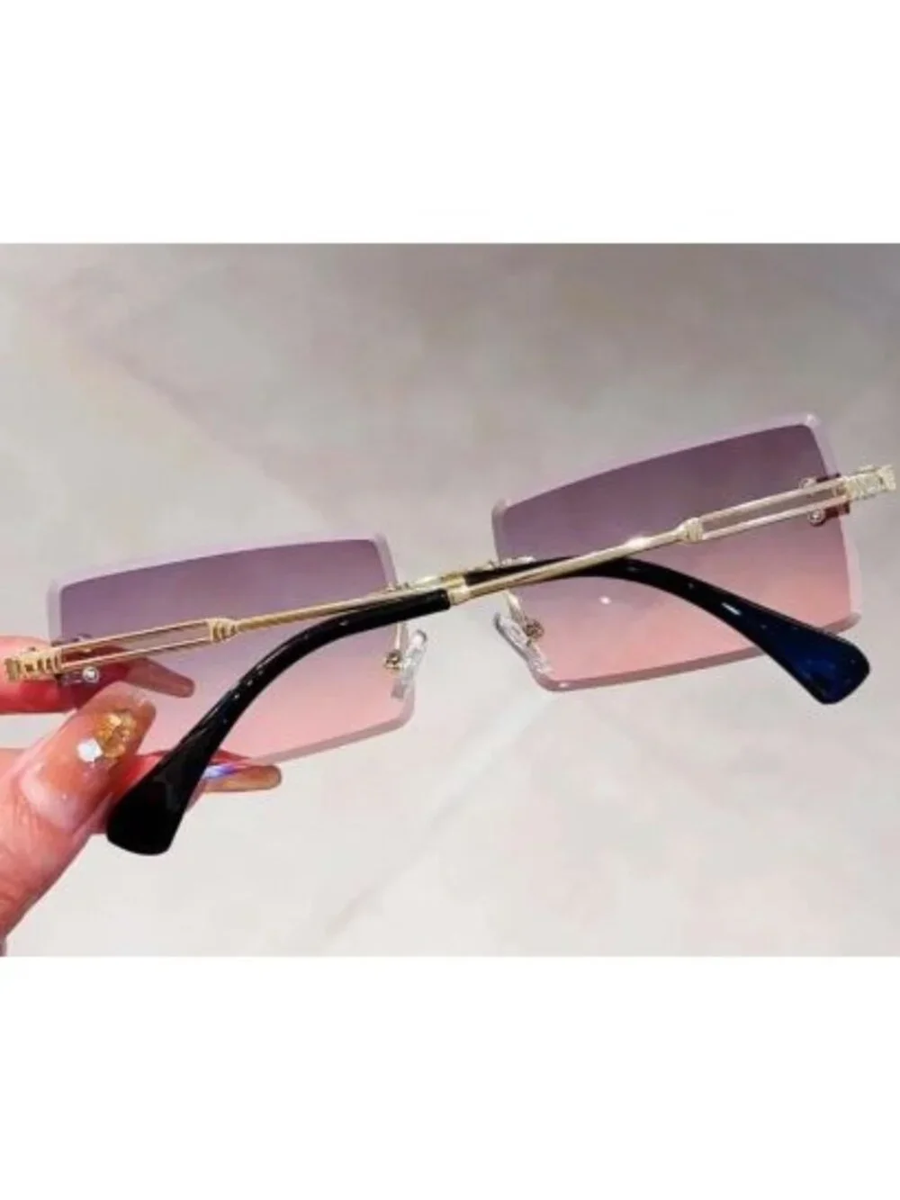 Rimless Rectangle Sunglasses Grey Pink Gradient Lenses Gold Tone Frame Y2K Retro